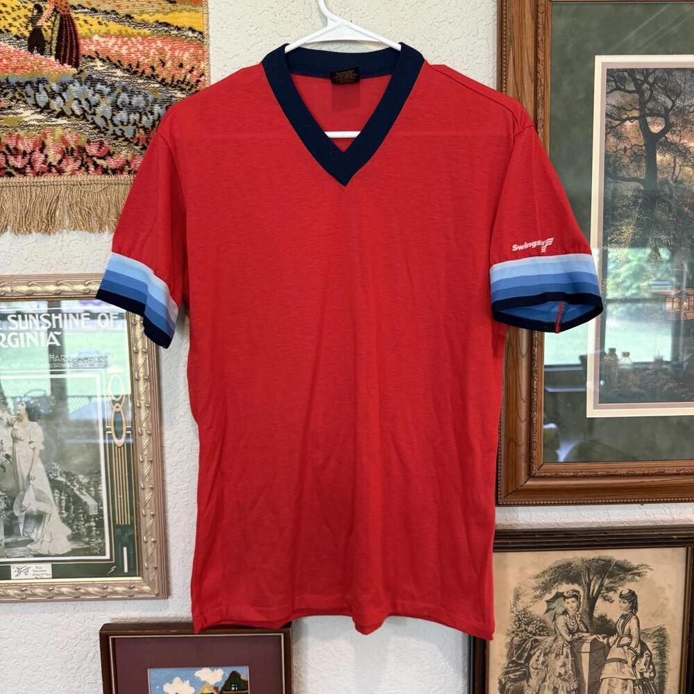 Vintage 70s RARE Swingster Solid/Striped Sleeves V-Neck Unisex Shirt Size Medium